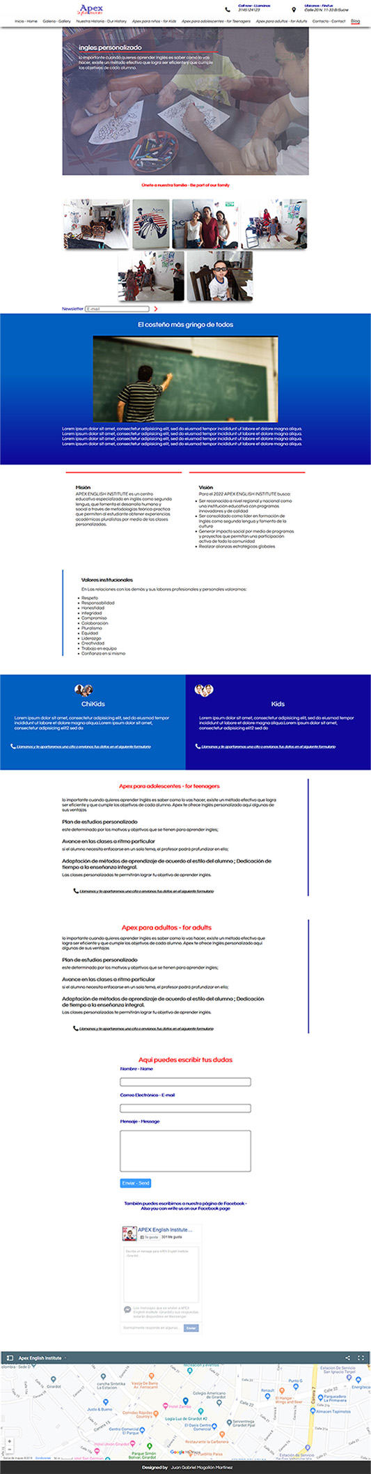 Diseño y desarrollo de Single Web Page para Apex English Institute, Apex English Institute es un centro educativo especializado en inglés como segunda lengua, que fomenta el desarrollo humano y social a través de metodologías teórica-practica. Realizado por Juan Gabriel Mogollón Martínez - www.gabrielmogollon.com Diseño y desarrollo de Single Web Page para Apex English Institute, Apex English Institute es un centro educativo especializado en inglés como segunda lengua, que fomenta el desarrollo humano y social a través de metodologías teórica-practica. Realizado por Juan Gabriel Mogollón Martínez - www.gabrielmogollon.com | Diseño y páginas web | Desarrollo de software | Hosting | Landing page | SEO